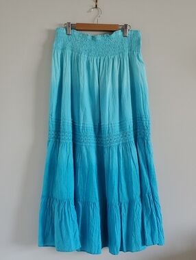 Mileage Smocked Waist Ombre Turquoise Maxi Layered Cotton Skirt Sz 1x Milkmaid